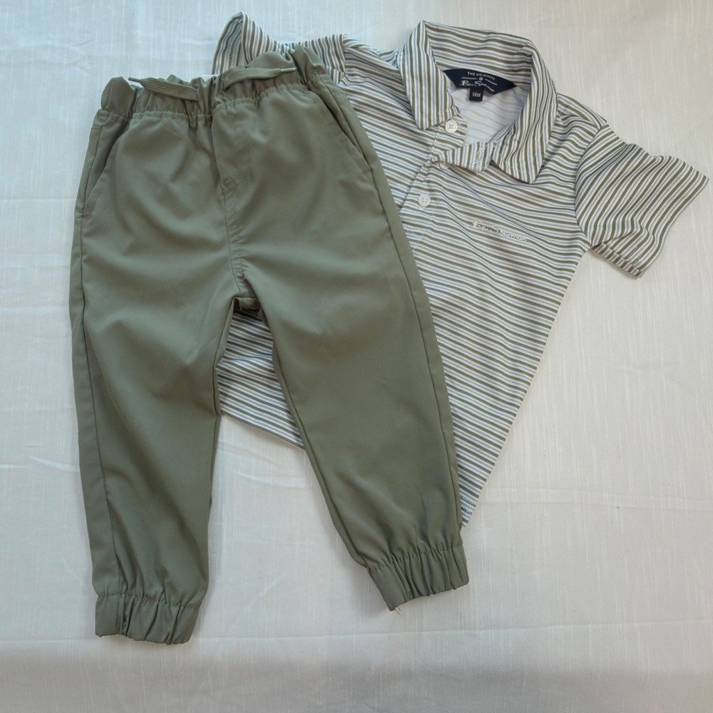 Ben Sherman 2 Piece Set Toddler Boys 18M Green Excellent Striped Polo Joggers